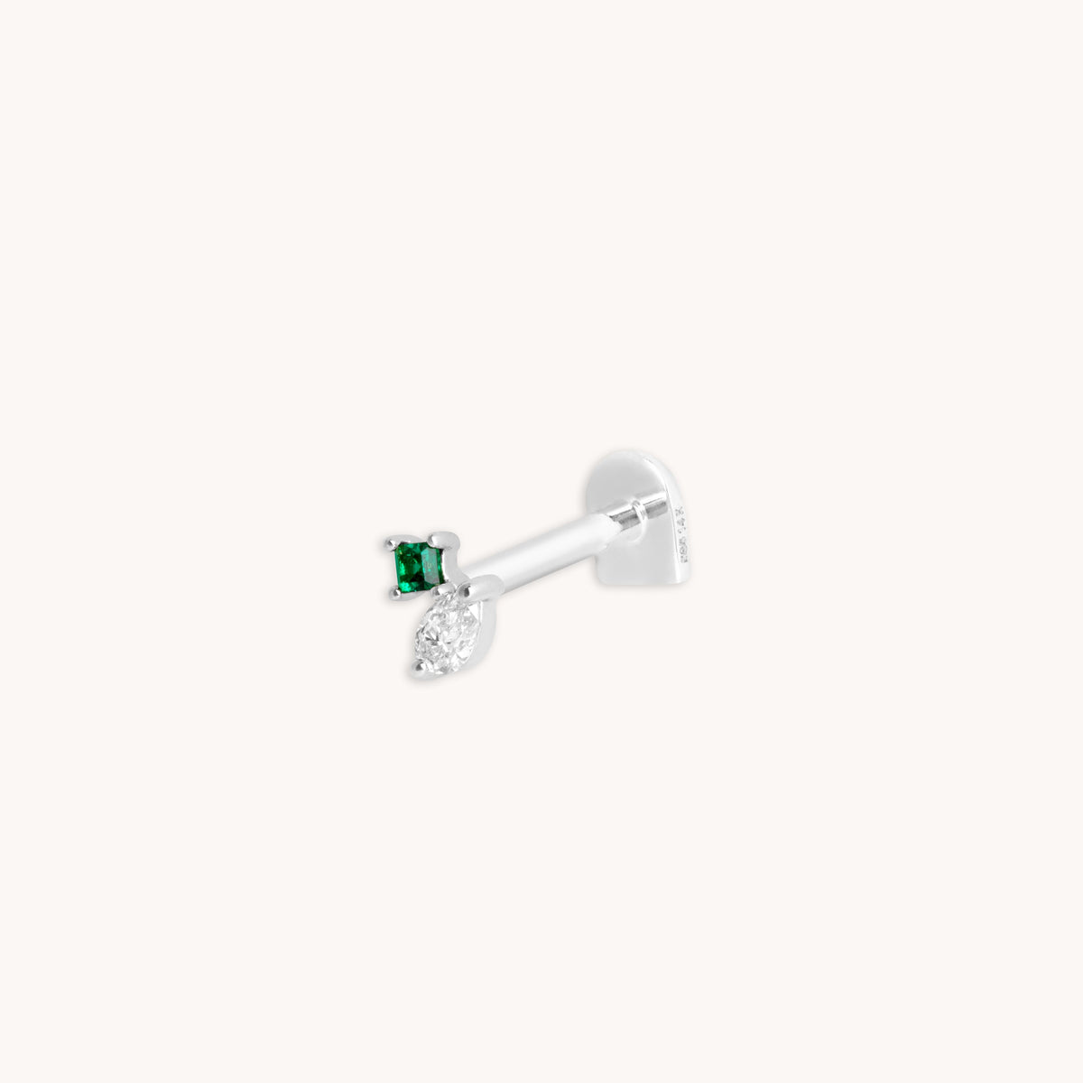 Flat Back Labret Studs - Diamond & Emerald Pear Piercing Stud in Solid White Gold - Piercing Stud - Astrid & Miyu