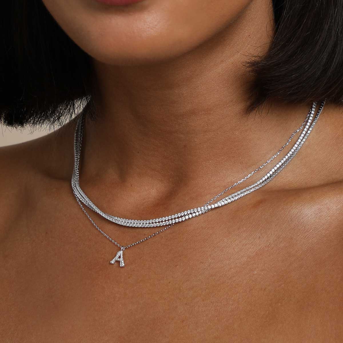 Gemstone Necklaces - A Initial Pavé Pendant Necklace in Silver - Pendant Necklace - Astrid & Miyu
