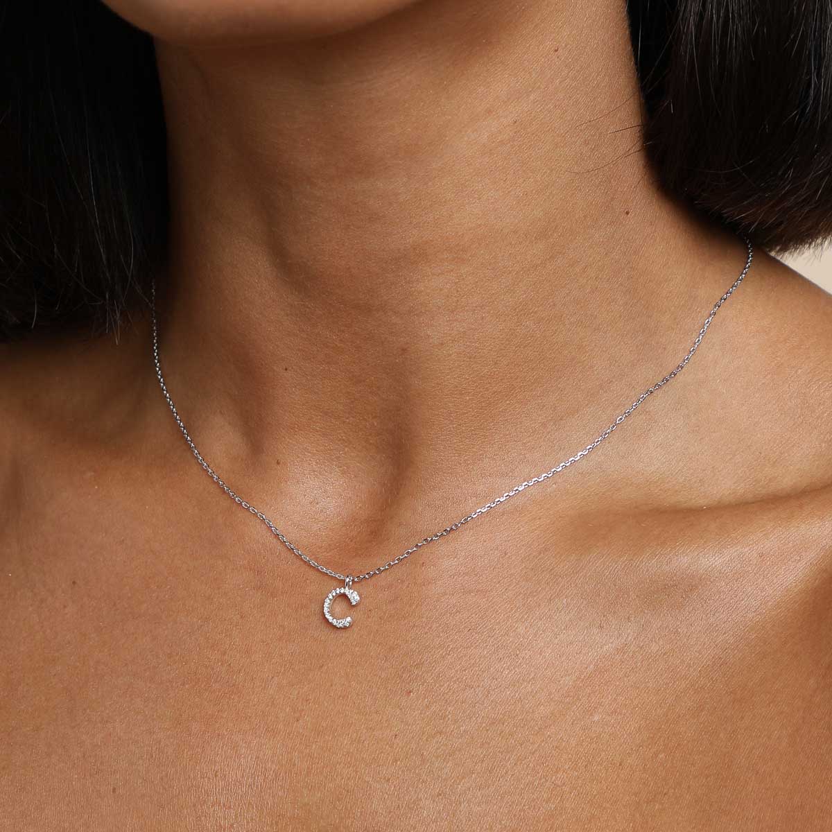 Gemstone Necklaces - C Initial Pavé Pendant Necklace in Silver - Pendant Necklace - Astrid & Miyu