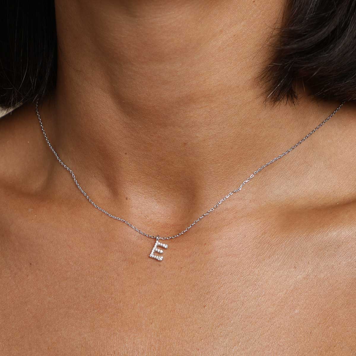 Gemstone Necklaces - E Initial Pavé Pendant Necklace in Silver - Pendant Necklace - Astrid & Miyu