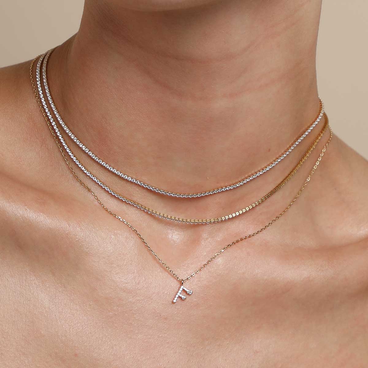 18k Gold Plated Jewellery - F Initial Pavé Pendant Necklace in Gold - Pendant Necklaces - Astrid & Miyu