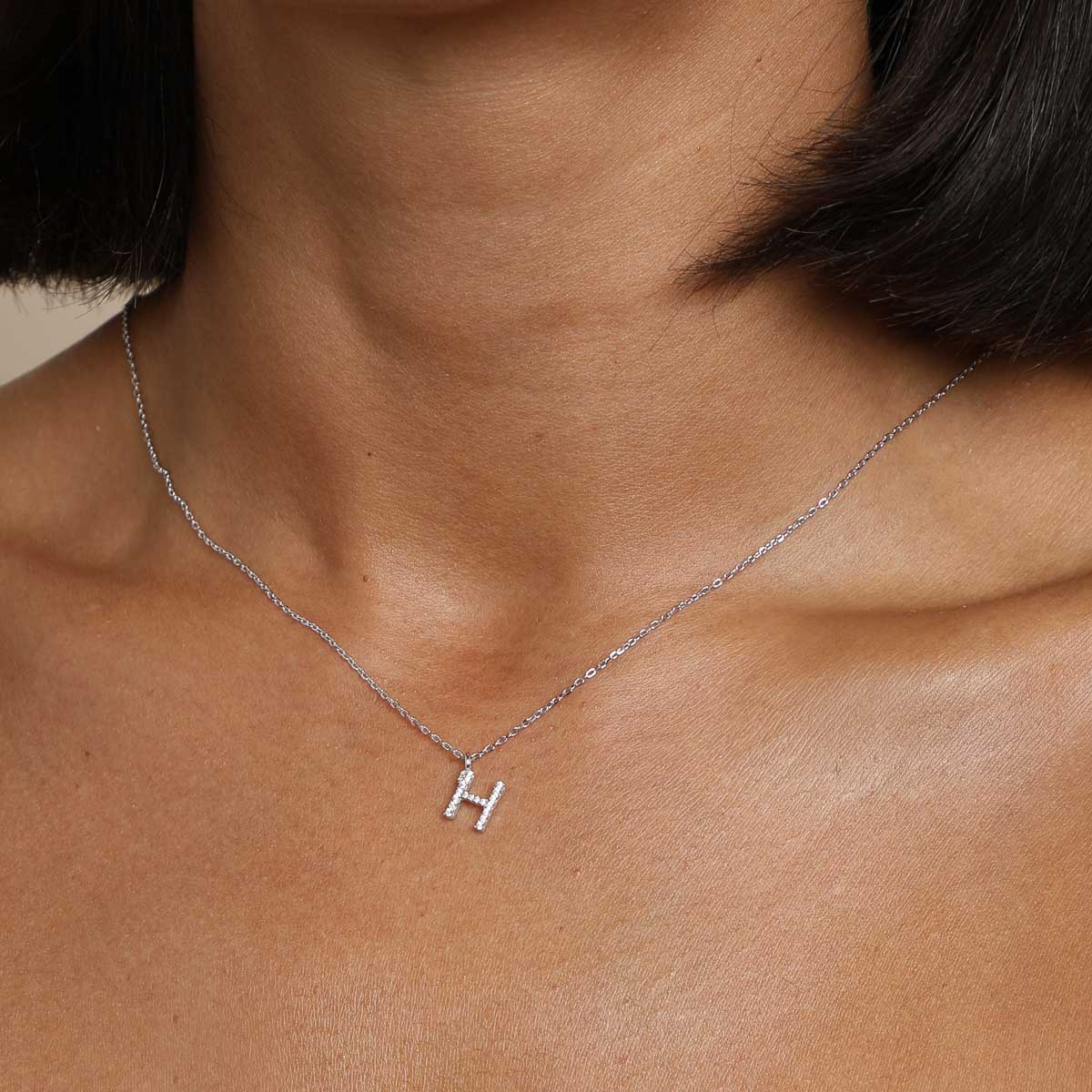 Gemstone Necklaces - H Initial Pavé Pendant Necklace in Silver - Pendant Necklace - Astrid & Miyu