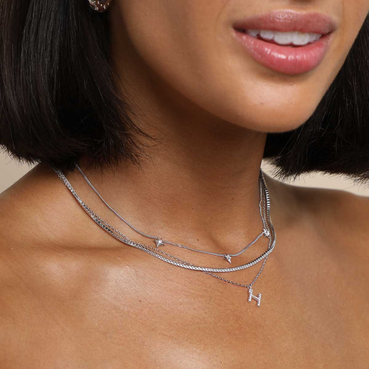 Gemstone Necklaces - H Initial Pavé Pendant Necklace in Silver - Pendant Necklace - Astrid & Miyu