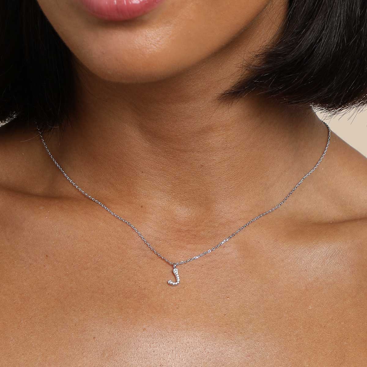 Gemstone Necklaces - J Initial Pavé Pendant Necklace in Silver - Pendant Necklace - Astrid & Miyu