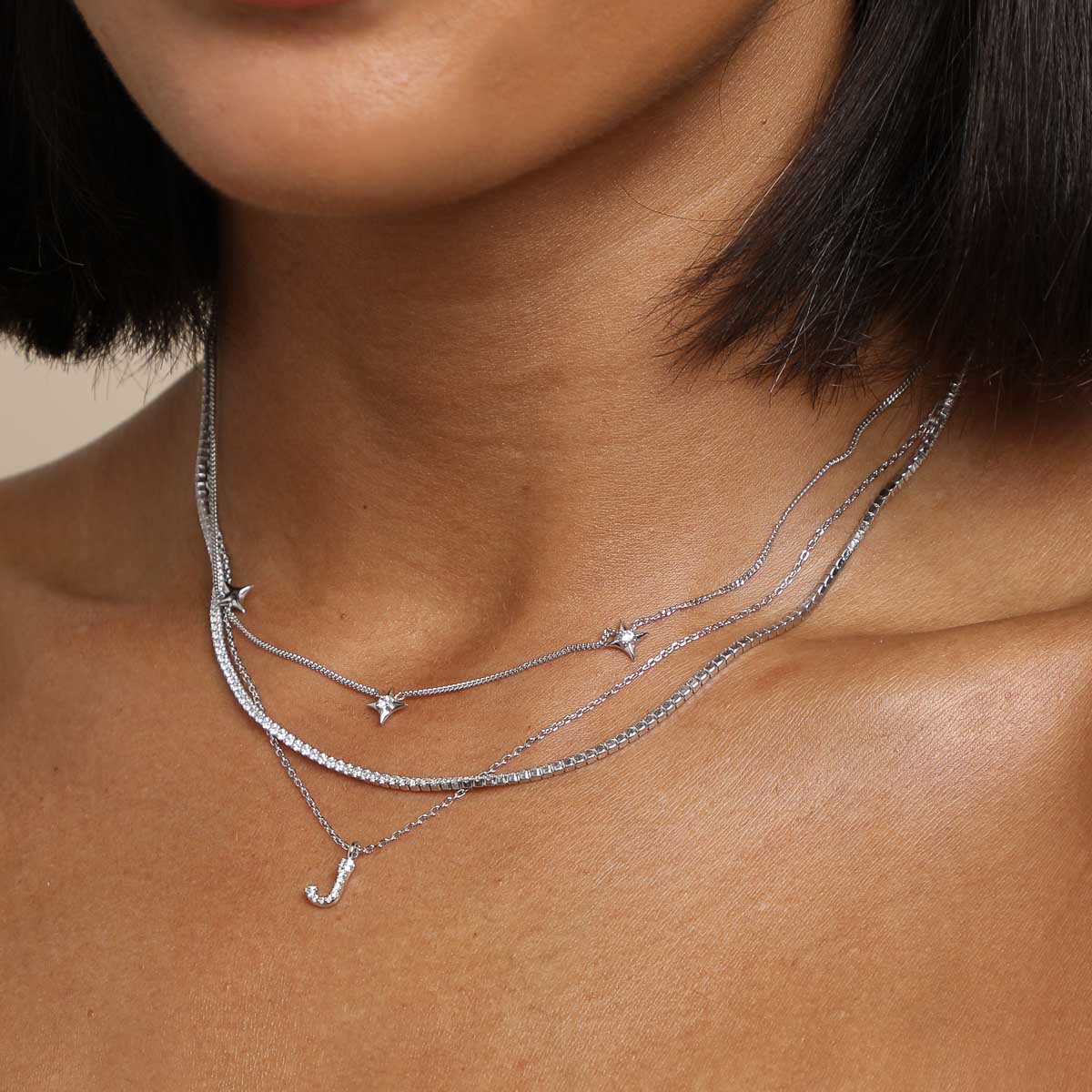 Gemstone Necklaces - J Initial Pavé Pendant Necklace in Silver - Pendant Necklace - Astrid & Miyu