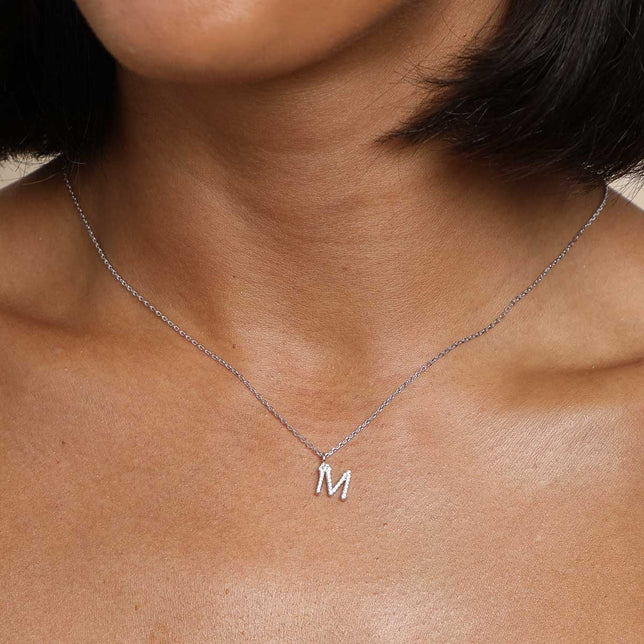 Gemstone Necklaces - M Initial Pavé Pendant Necklace in Silver - Pendant Necklace - Astrid & Miyu