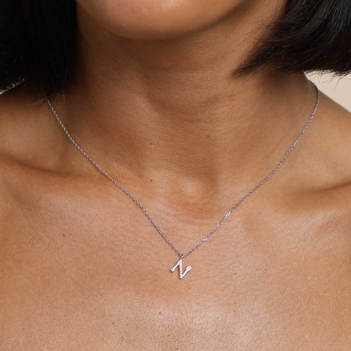 Gemstone Necklaces - N Initial Pavé Pendant Necklace in Silver - Pendant Necklace - Astrid & Miyu