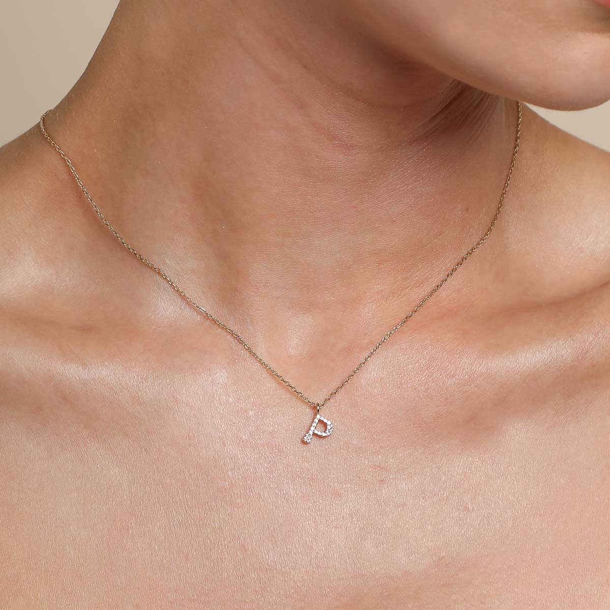 18k Gold Plated Jewellery - P Initial Pavé Pendant Necklace in Gold - Pendant Necklace - Astrid & Miyu