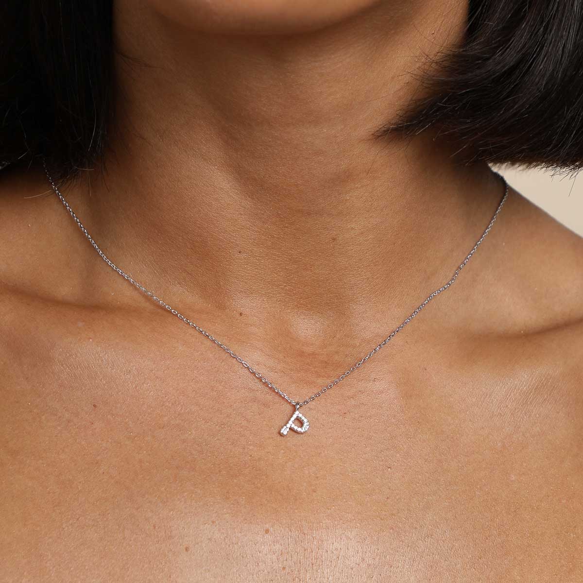 Gemstone Necklaces - P Initial Pavé Pendant Necklace in Silver - Pendant Necklace - Astrid & Miyu