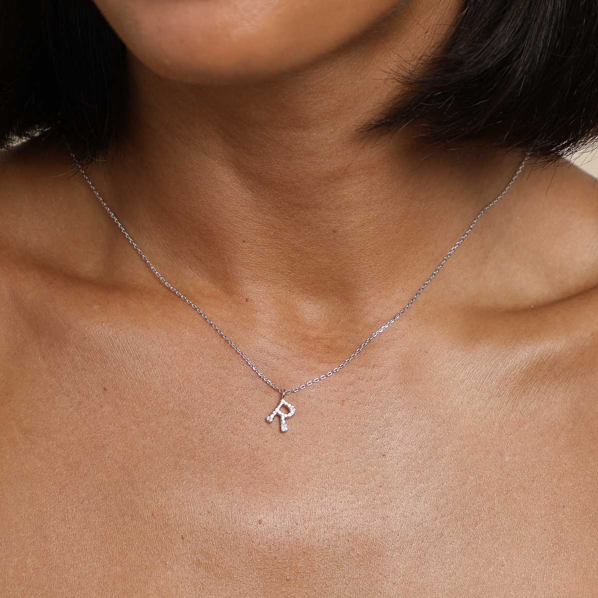 Gemstone Necklaces - R Initial Pavé Pendant Necklace in Silver - Pendant Necklace - Astrid & Miyu