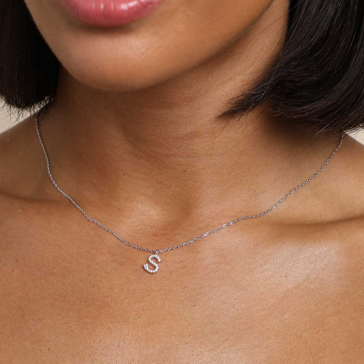 Gemstone Necklaces - S Initial Pavé Pendant Necklace in Silver - Pendant Necklace - Astrid & Miyu