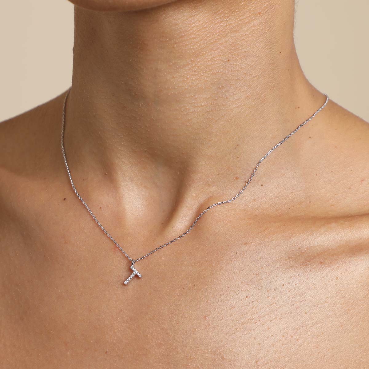 Gemstone Necklaces - T Initial Pavé Pendant Necklace in Silver - Pendant Necklace - Astrid & Miyu