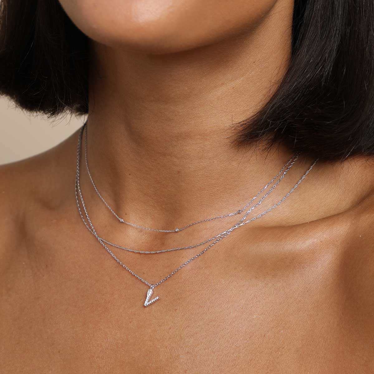 Gemstone Necklaces - V Initial Pavé Pendant Necklace in Silver - Pendant Necklace - Astrid & Miyu