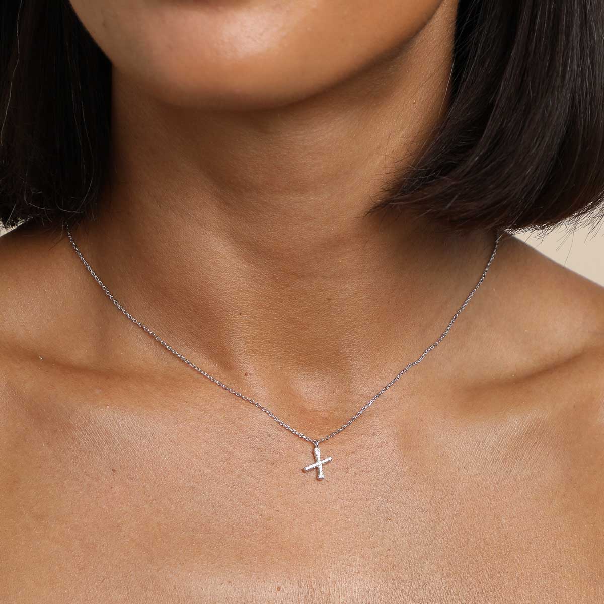 Gemstone Necklaces - X Initial Pavé Pendant Necklace in Silver - Pendant Necklace - Astrid & Miyu