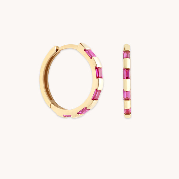 Earrings - Pink Sapphire Baguette Hoops in Solid Gold - Hoop Earrings - Astrid & Miyu