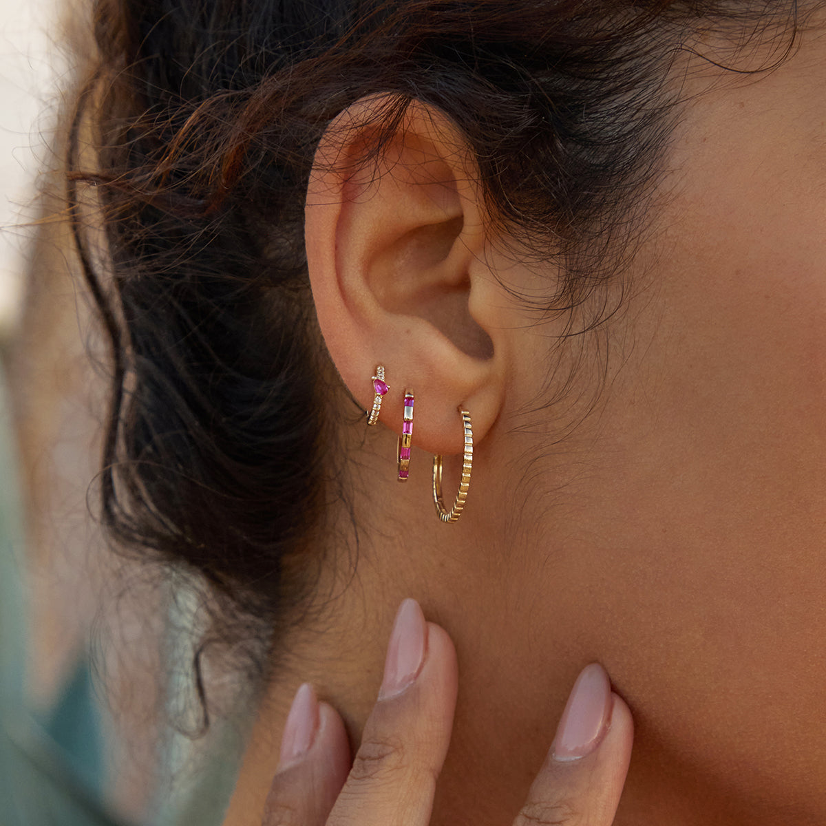 Earrings - Pink Sapphire Baguette Hoops in Solid Gold - Hoop Earrings - Astrid & Miyu