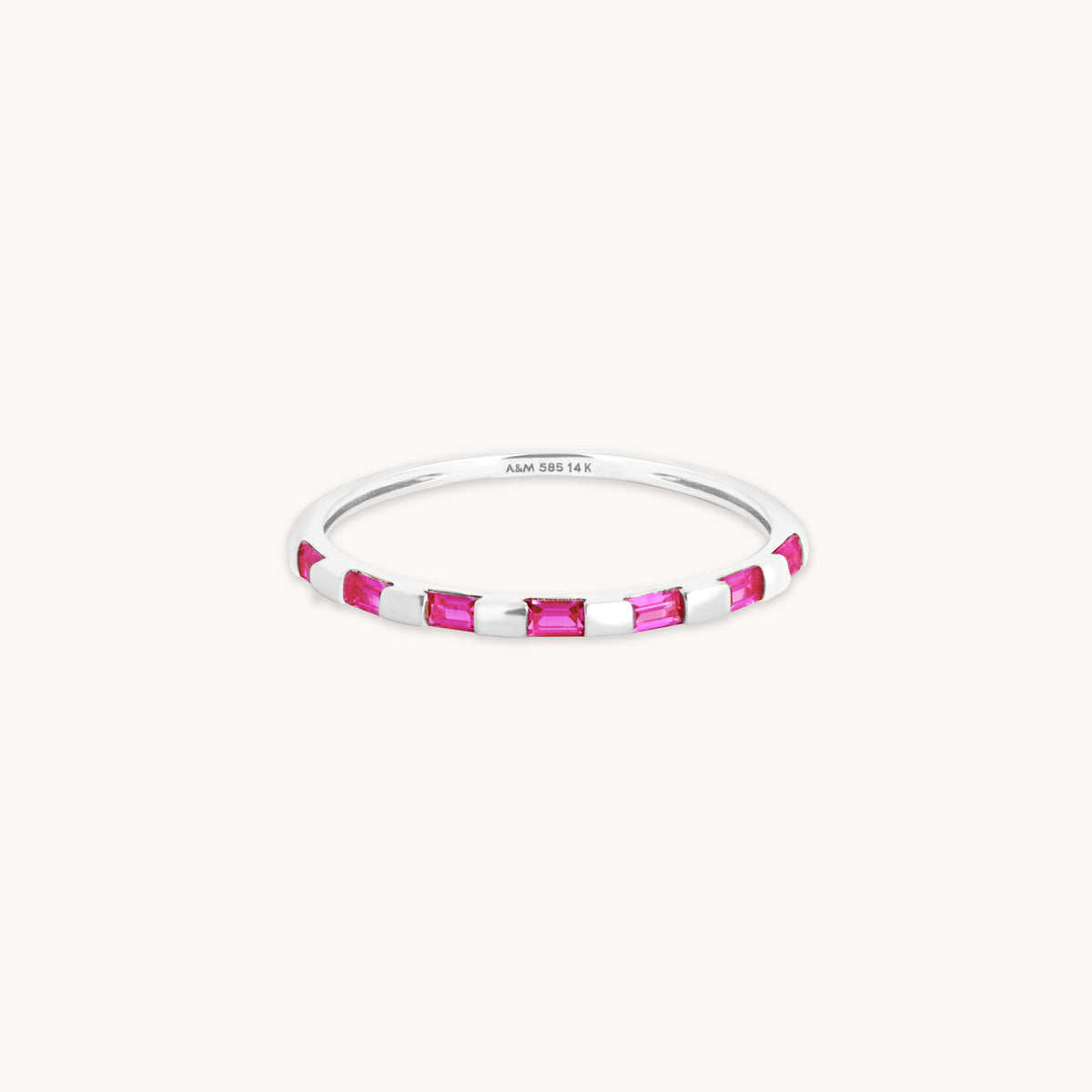 Lab-Grown Gemstones - Pink Sapphire Baguette Band Ring in Solid White Gold - Band Rings - Astrid & Miyu