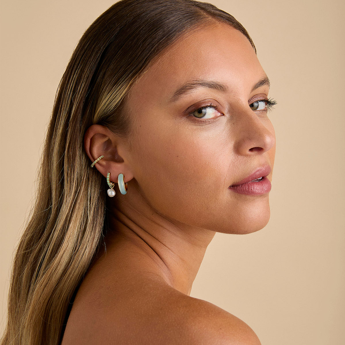 18k Gold Plated Jewellery - Aqua Chalcedony Carved Dome Hoops in Gold - Hoop Earrings - Astrid & Miyu