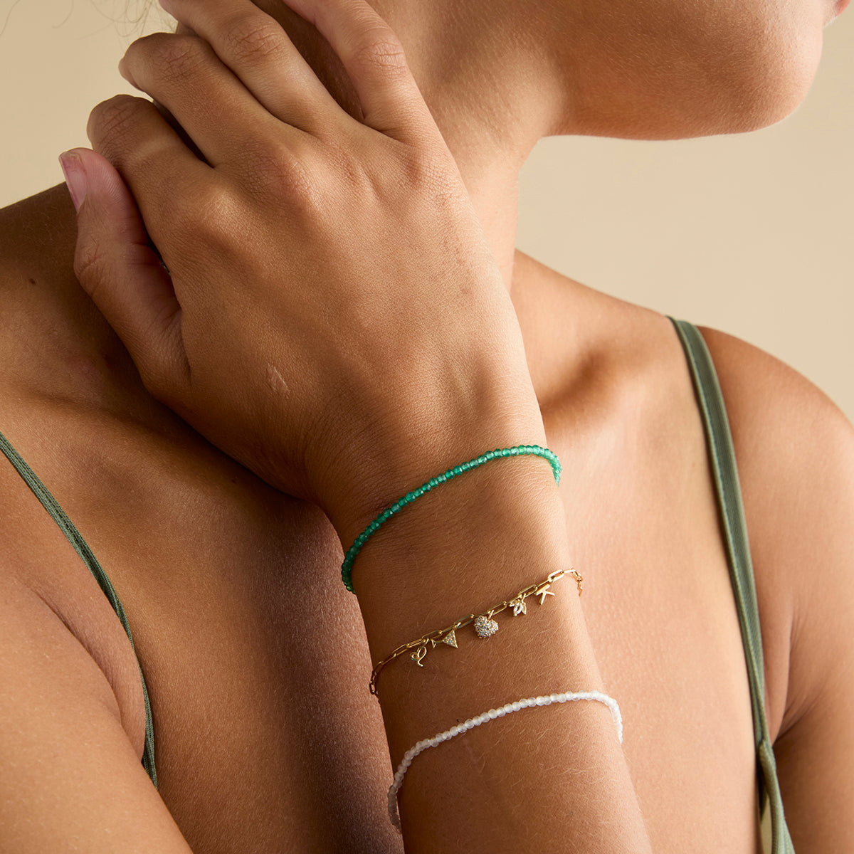 Bracelets - Green Agate Gemstone Bracelet in 9k Gold - Beaded Bracelet - Astrid & Miyu