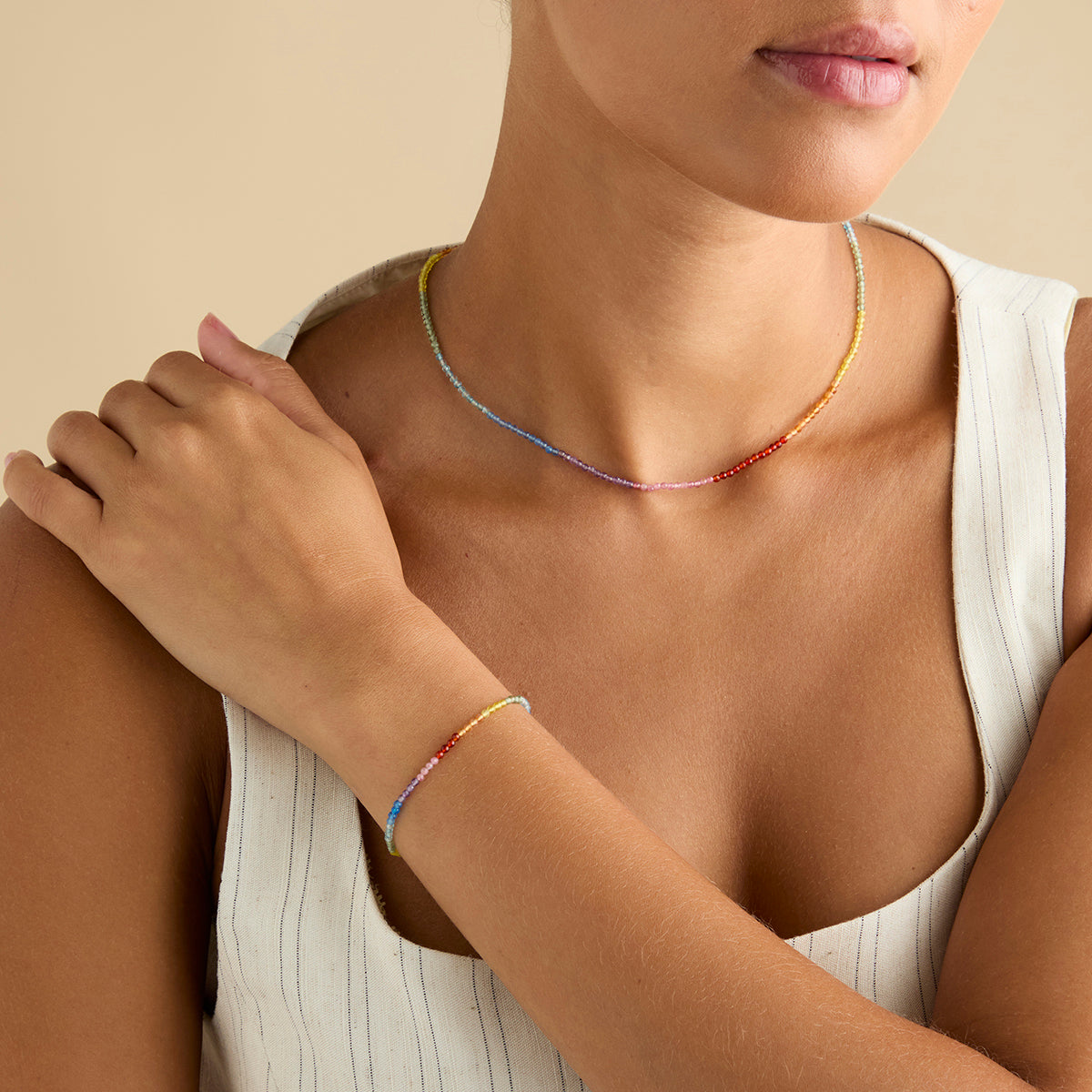 Bracelets - Rainbow Gemstone Bracelet in 9k Gold - Beaded Bracelet - Astrid & Miyu