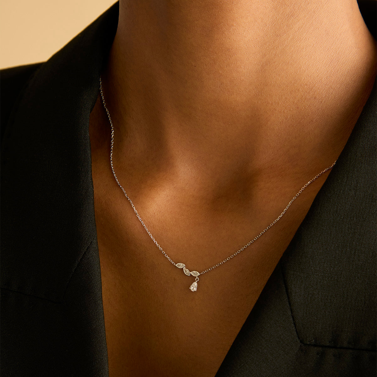 Gold Necklaces - Diamond Marquise Drop Pendant Necklace in Solid White Gold - Pendant Necklaces - Astrid & Miyu