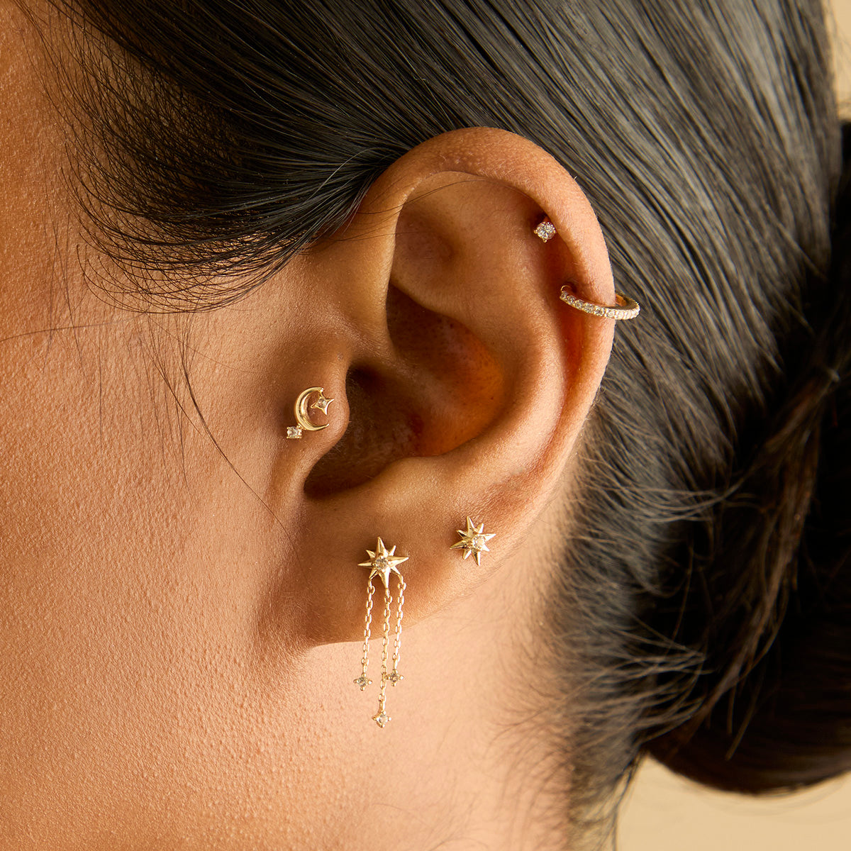 Earrings - Shooting Star Chain Drop Studs in Solid Gold - Stud Earrings - Astrid & Miyu