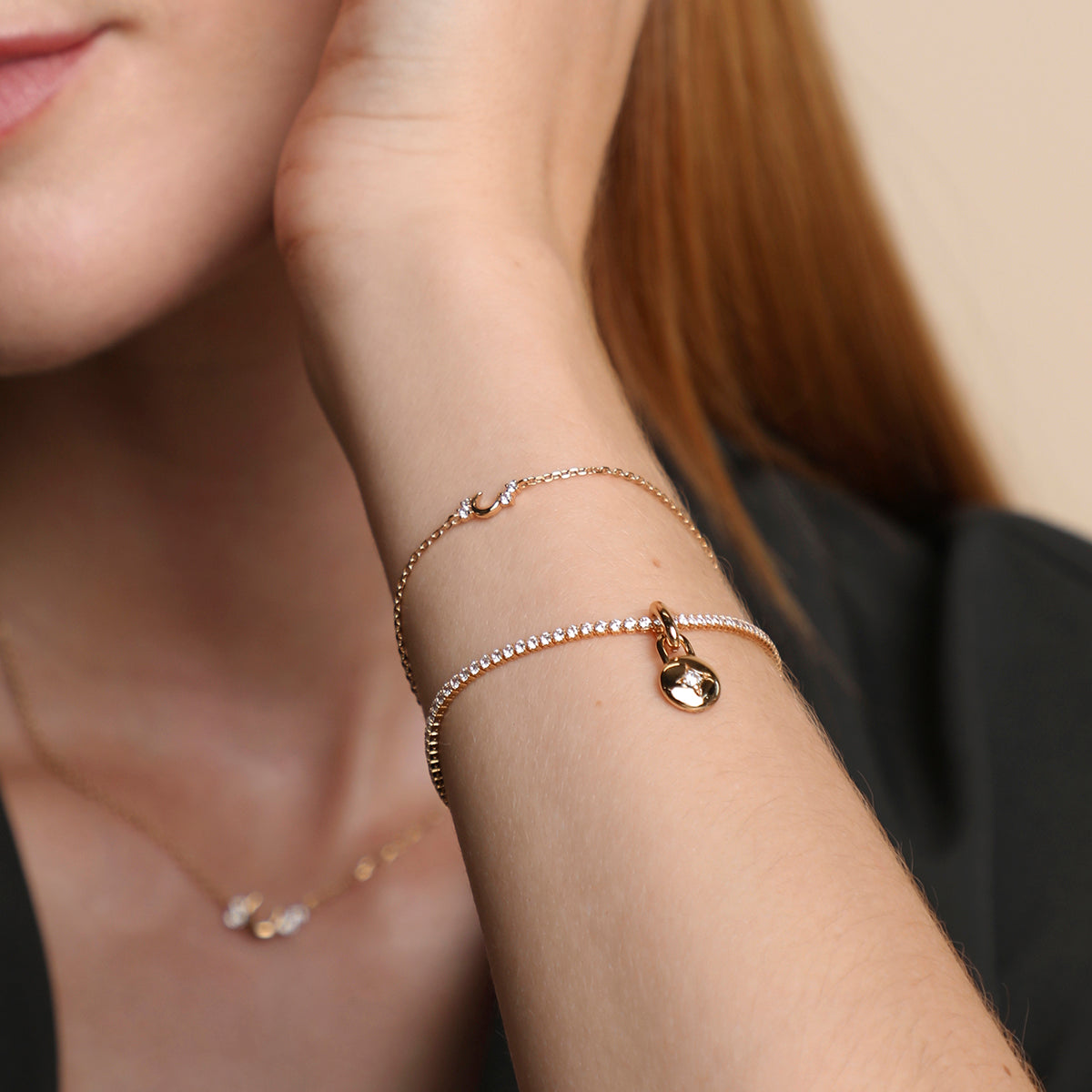 Crescent Moon Pendant Bracelet in Gold-Astrid & Miyu