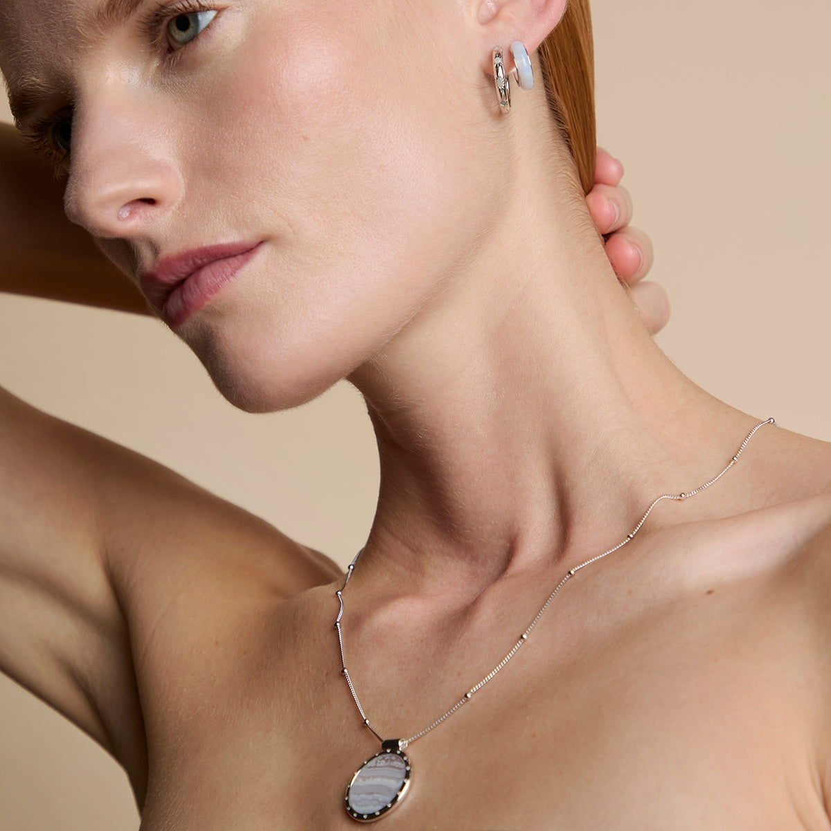 Blue Lace Agate Stone Hoops in Silver-Astrid & Miyu
