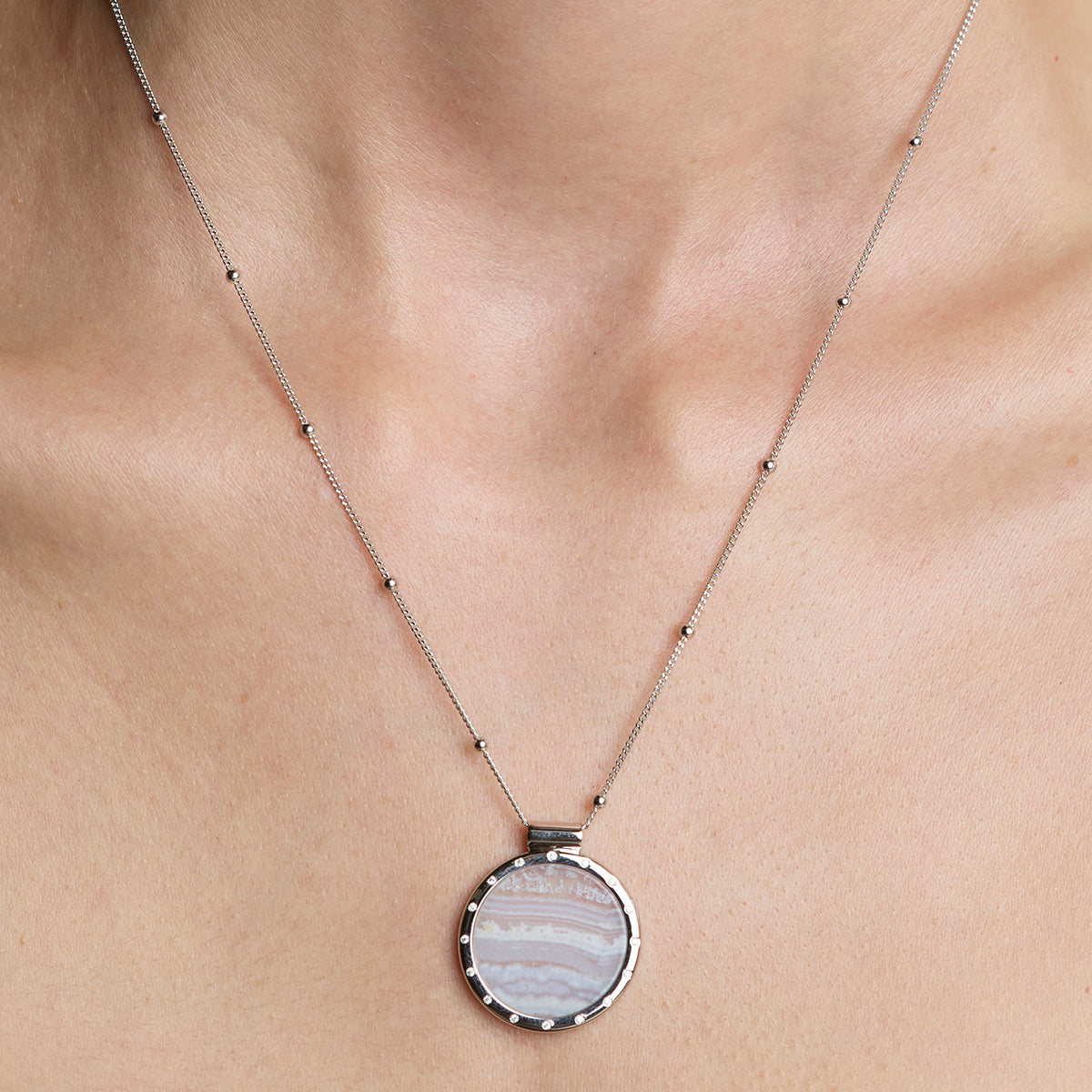 Blue Lace Agate Pendant Necklace in Silver-Astrid & Miyu