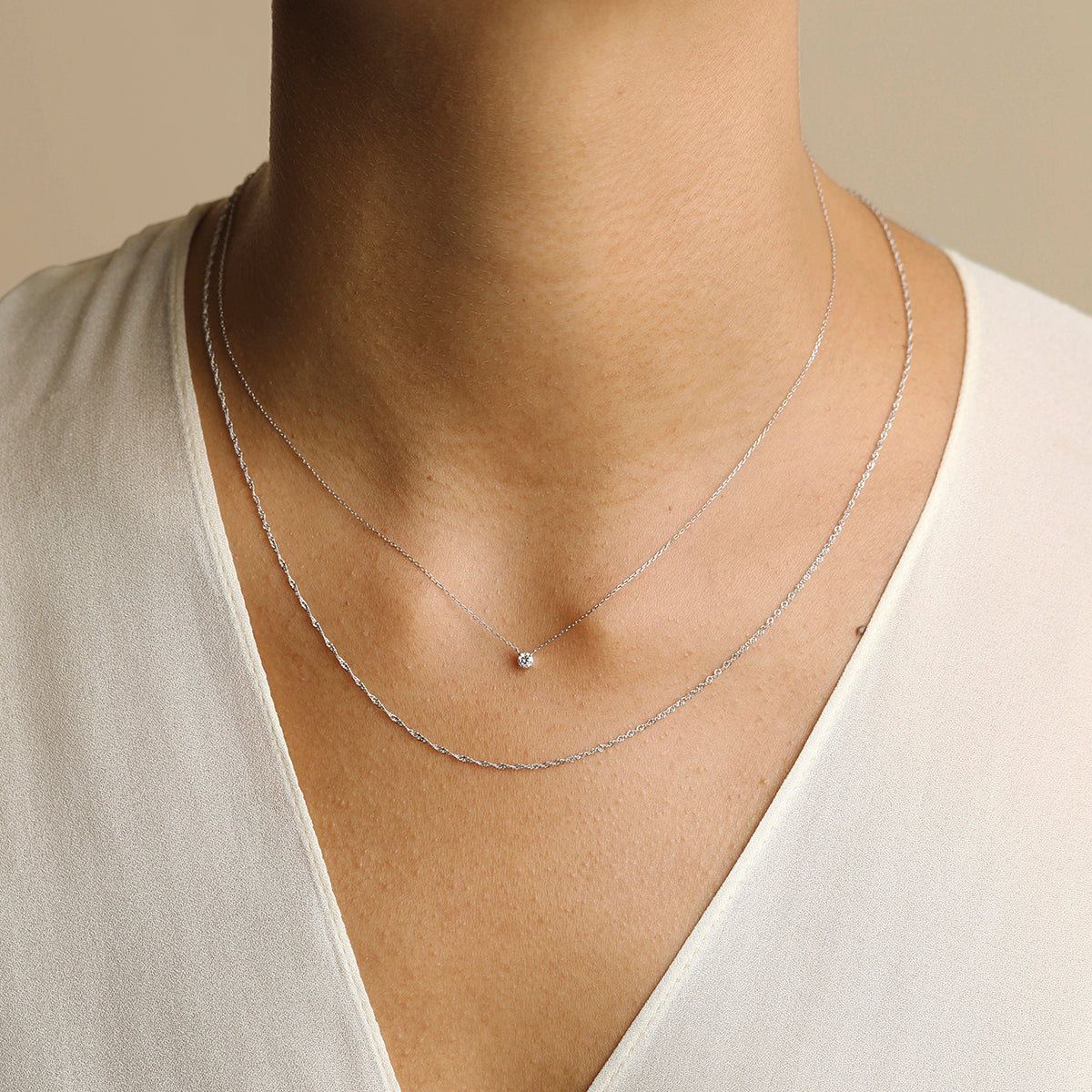 Diamond Solitaire Pendant Necklace in Solid White Gold-Astrid & Miyu