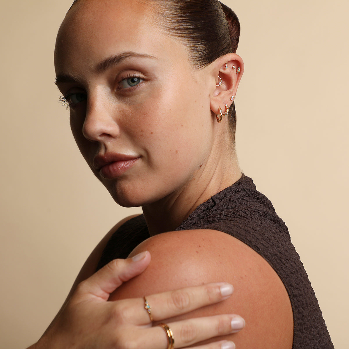 White Topaz Pear Daith Hoop in Solid Gold-Astrid & Miyu