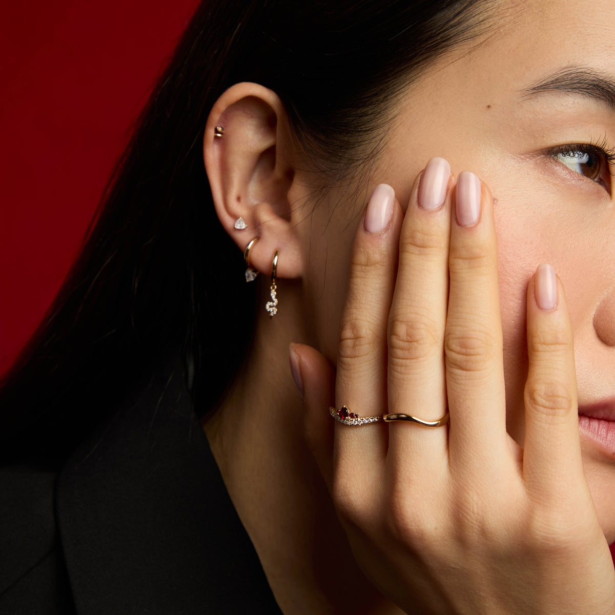 18k Gold Plated Jewellery - Garnet Serpent Wave Ring in Gold - Band Rings - Astrid & Miyu