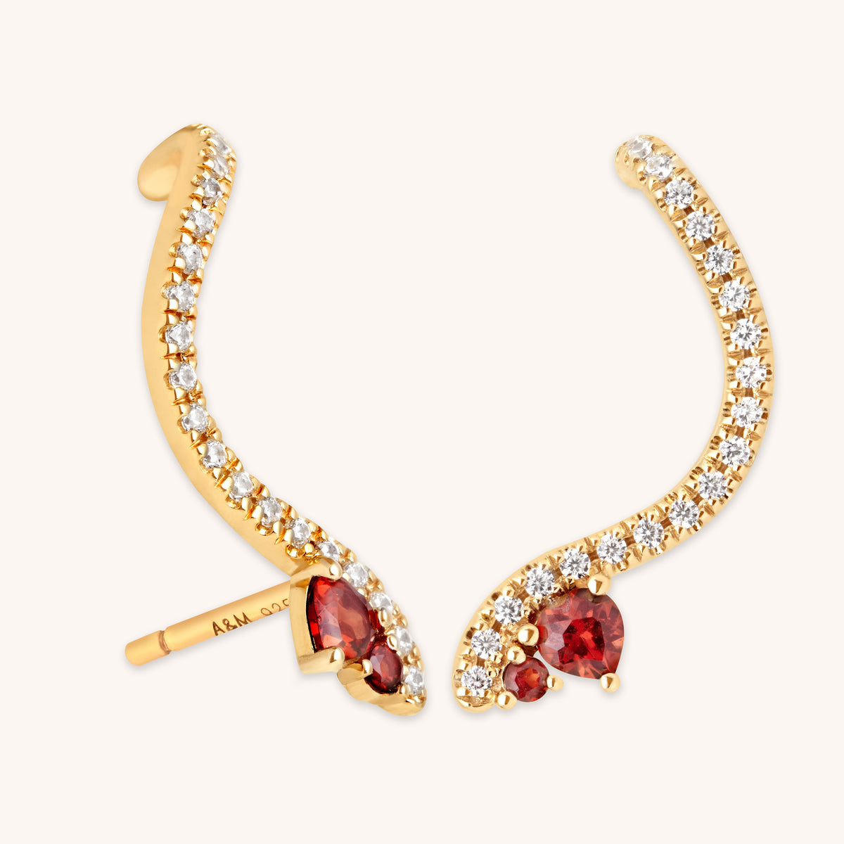 18k Gold Plated Jewellery - Garnet Serpent Climber Studs in Gold - Stud Earrings - Astrid & Miyu