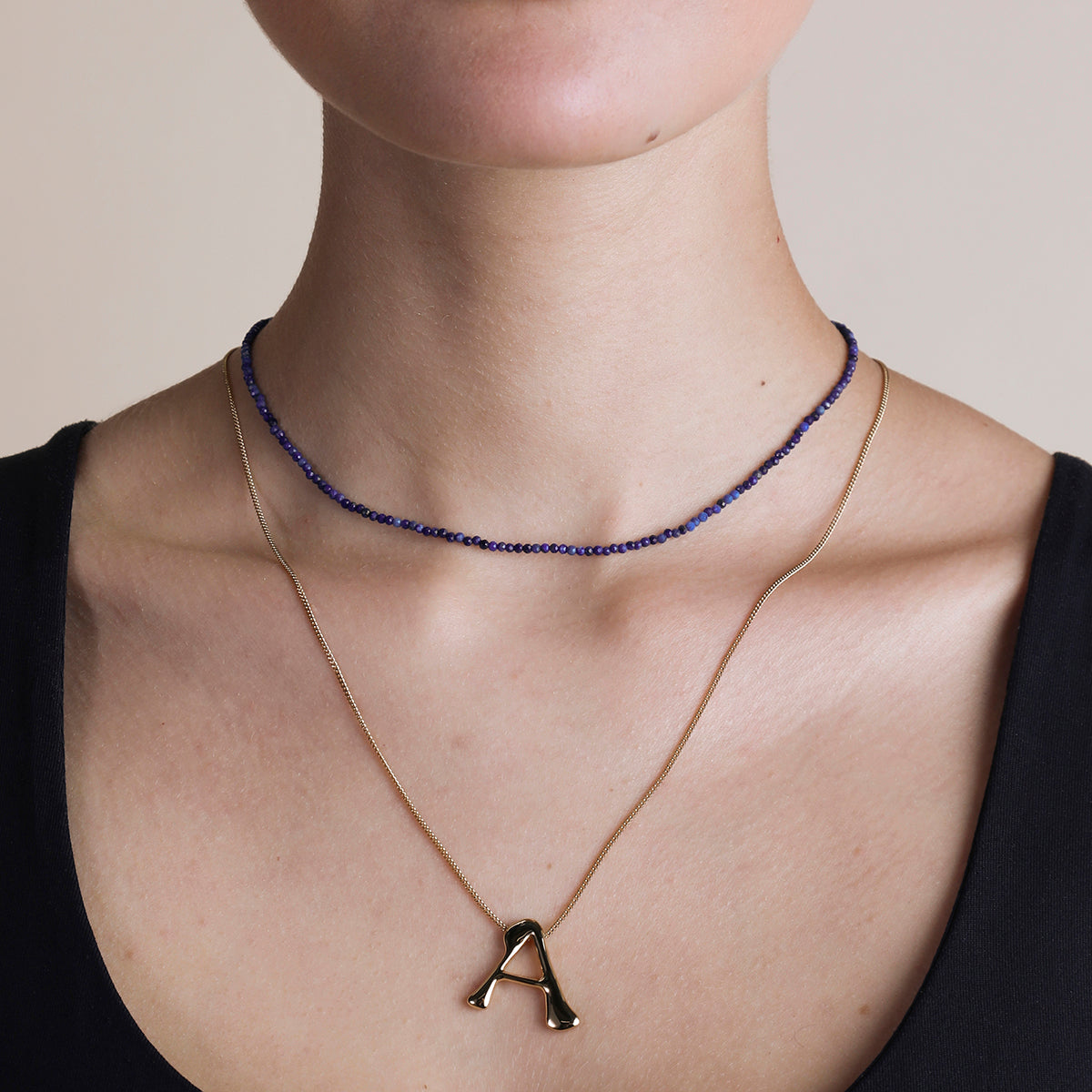 Lazurite September Beaded Necklace in Solid Gold-Astrid & Miyu