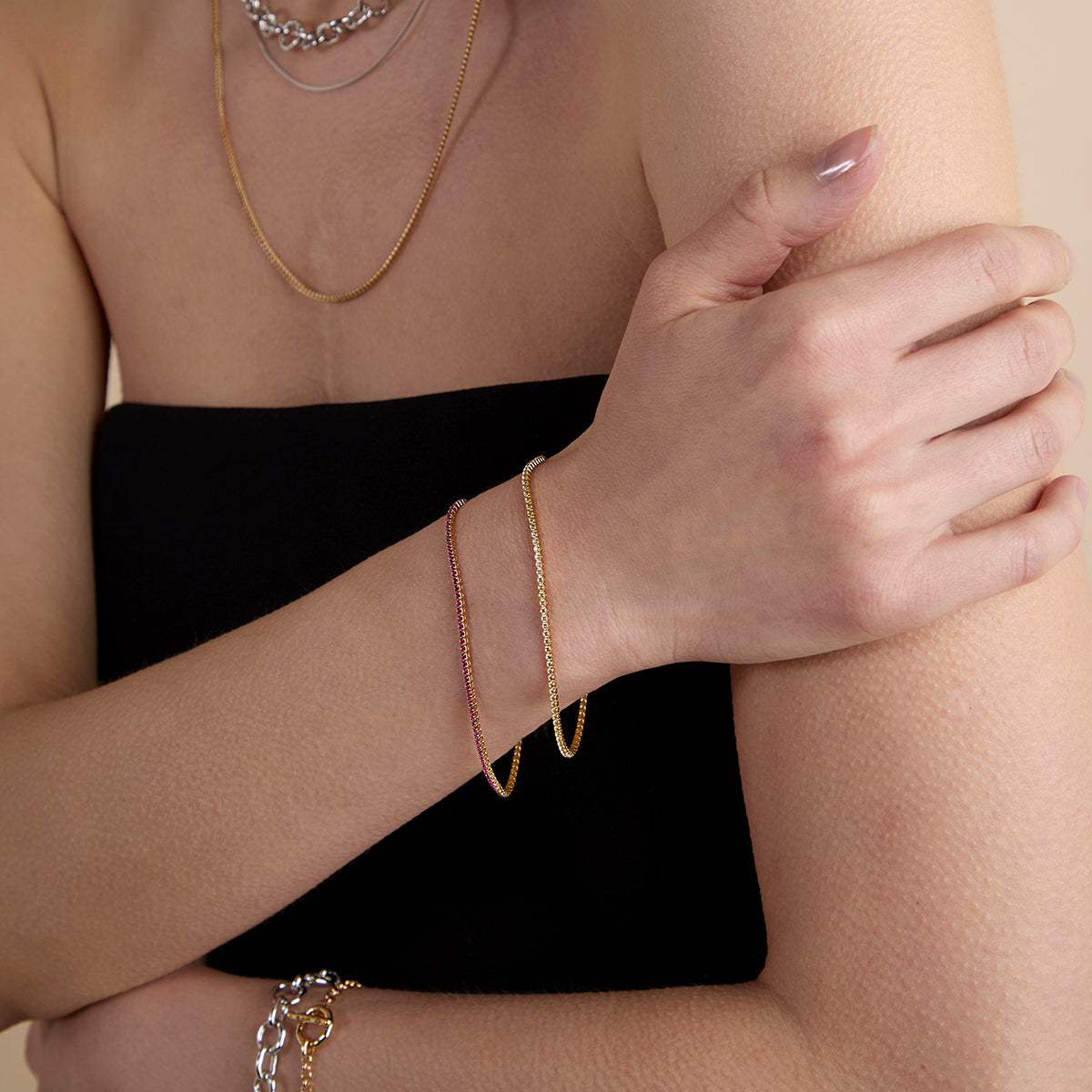 Pink Tennis Chain Bracelet in Gold-Astrid & Miyu