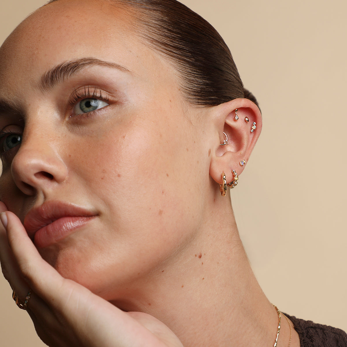 Opal Pear Bezel Huggies in Solid Gold-Astrid & Miyu