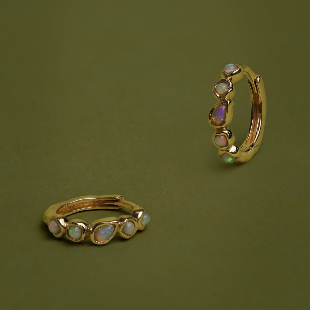 Opal Pear Bezel Huggies in Solid Gold-Astrid & Miyu