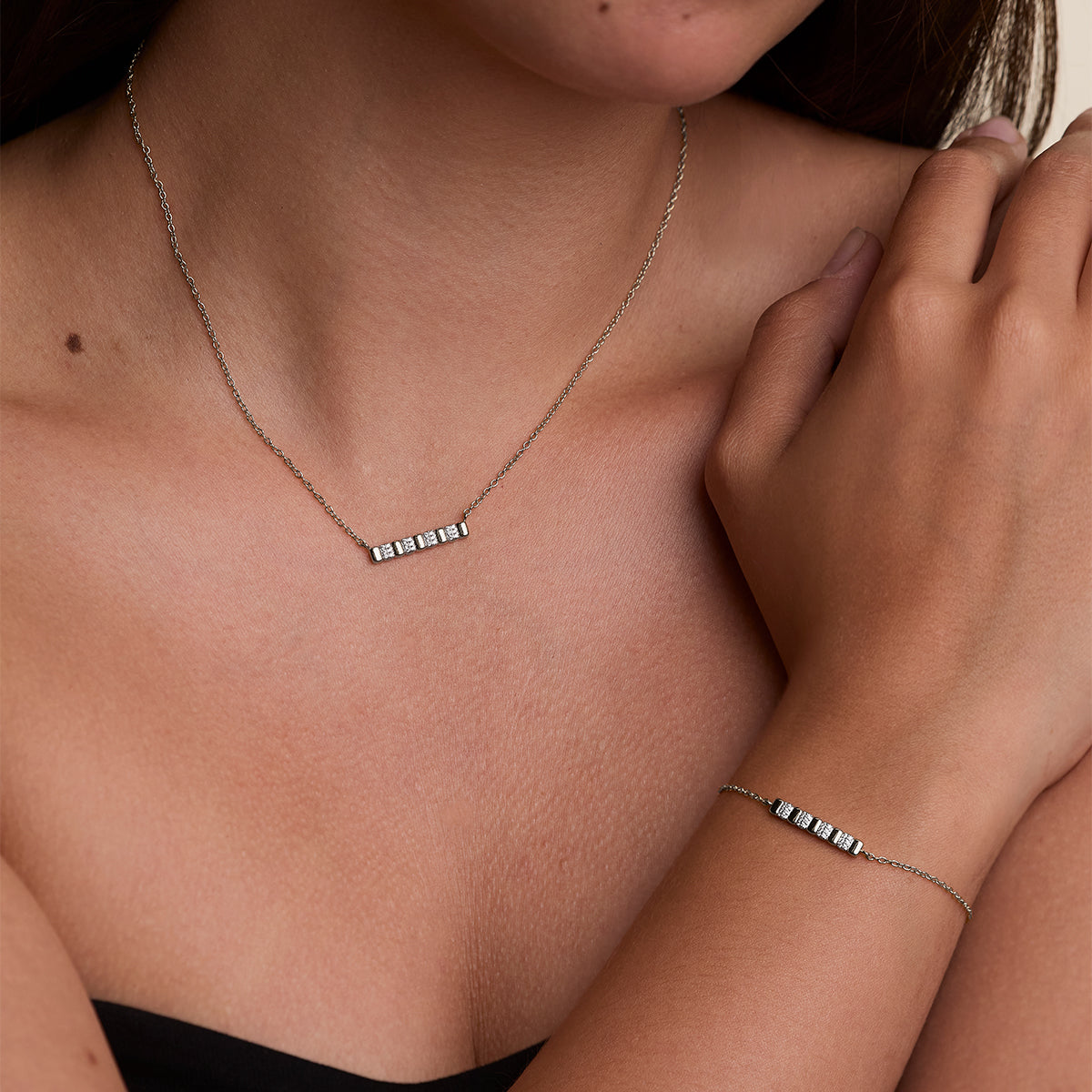 Crystal Ridged Bar Pendant Bracelet in Silver-Astrid & Miyu