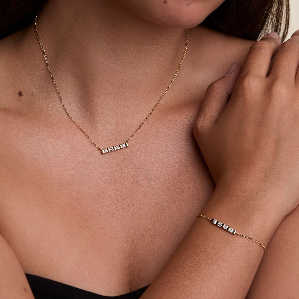 Crystal Ridged Bar Pendant Necklace in Gold-Astrid & Miyu