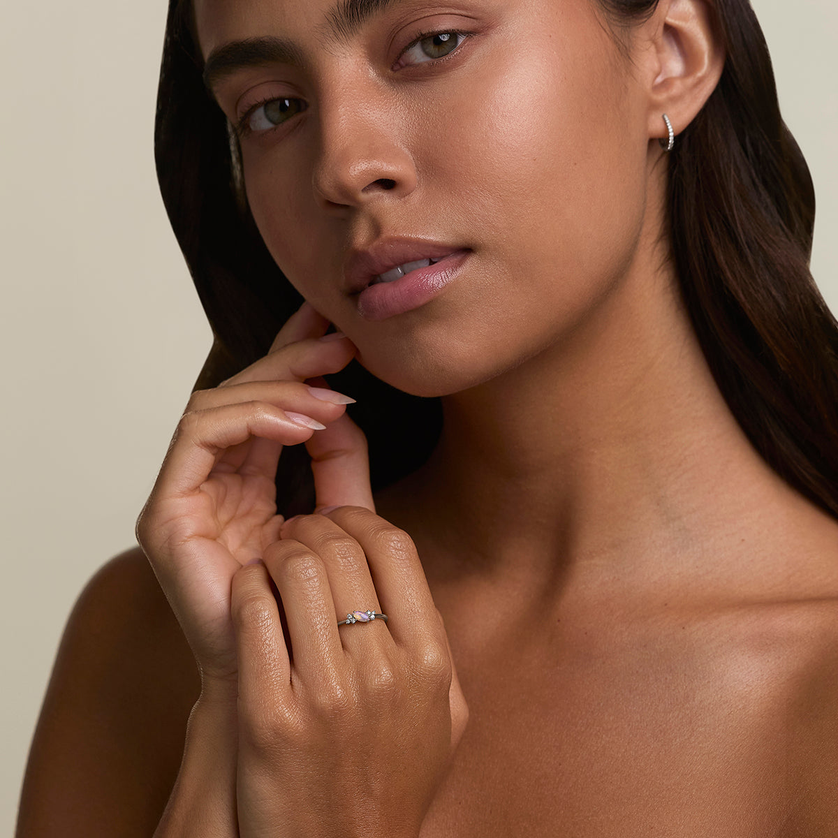 Opal October Birthstone Milestone Ring in Solid White Gold-Astrid & Miyu