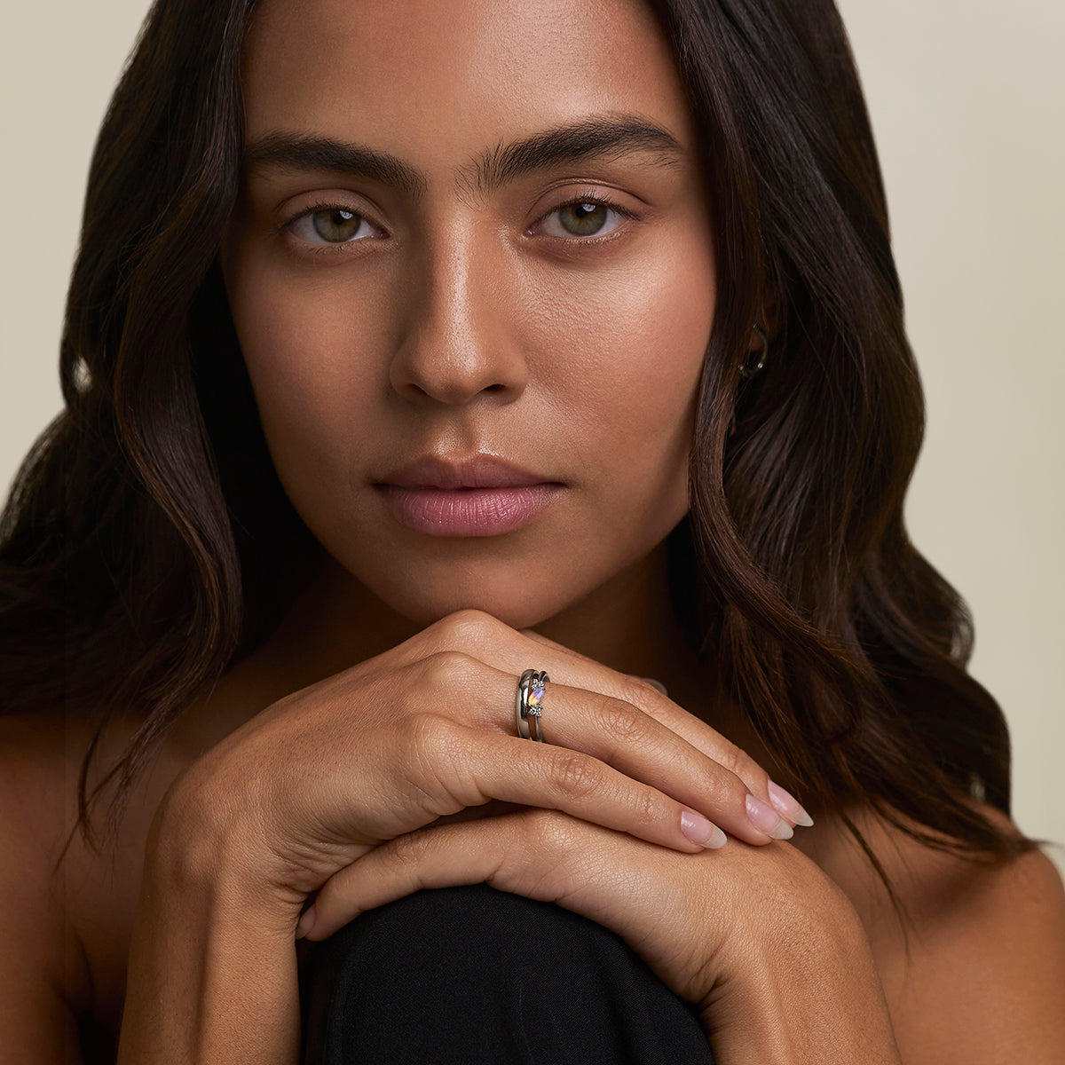 Opal October Birthstone Milestone Ring in Solid White Gold-Astrid & Miyu