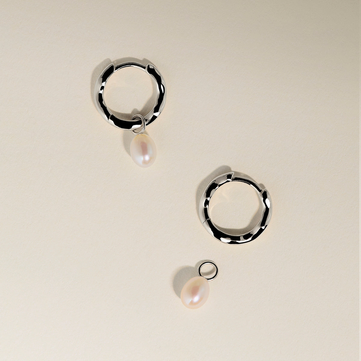 Scalloped Pearl Charm Huggies in Solid White Gold-Astrid & Miyu