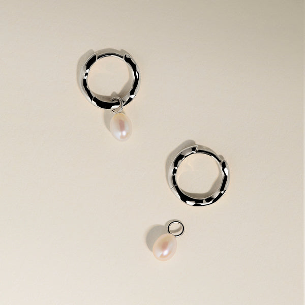 Scalloped Pearl Charm Huggies in Solid White Gold-Astrid & Miyu