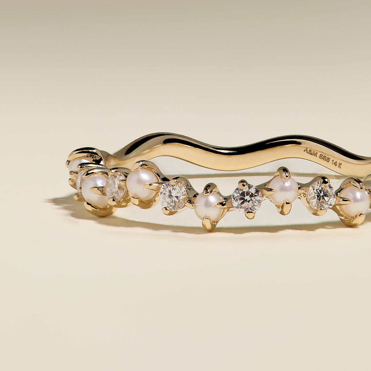 Diamond & Pearl Scalloped Ring in Solid Gold-Astrid & Miyu