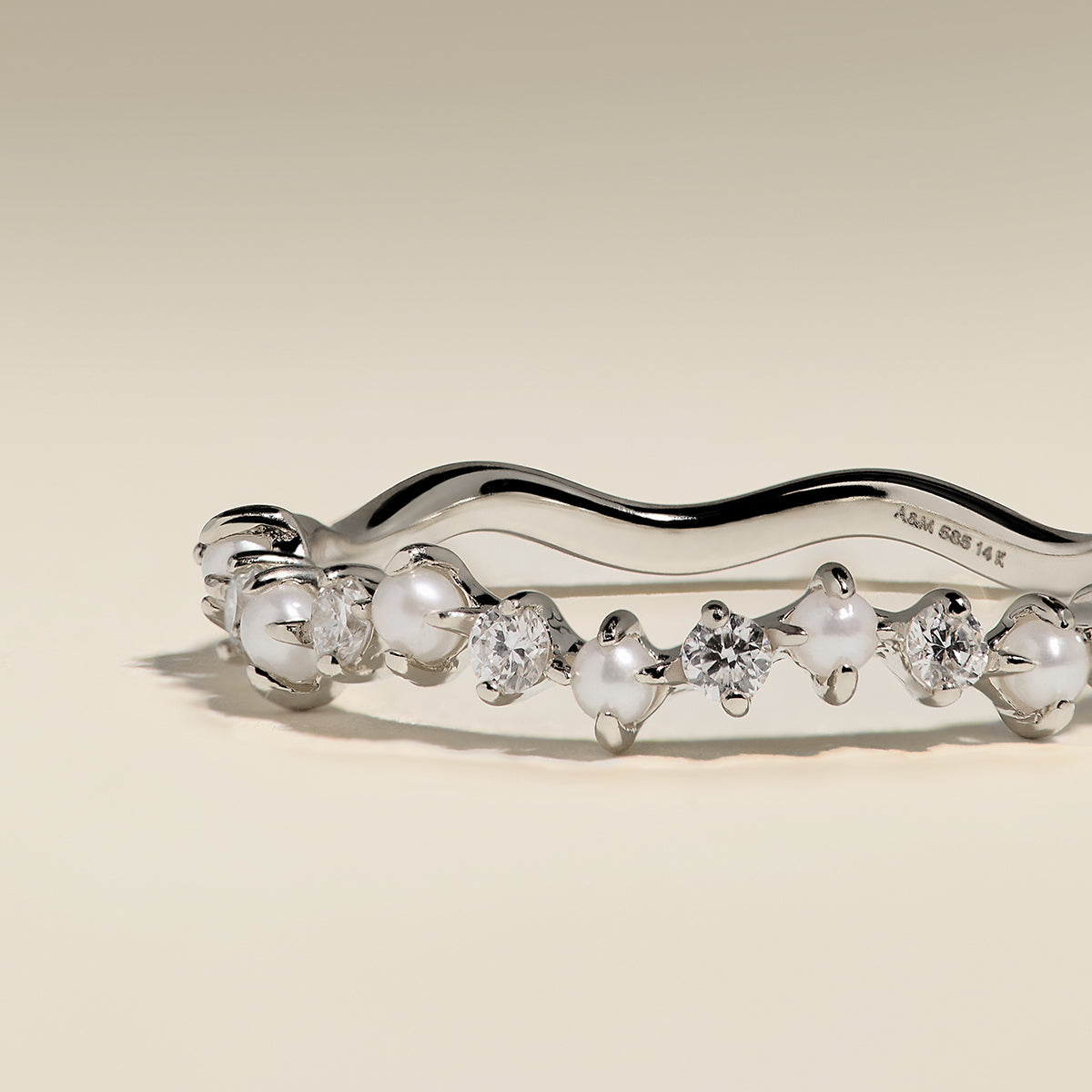 Diamond & Pearl Scalloped Ring in Solid White Gold-Astrid & Miyu