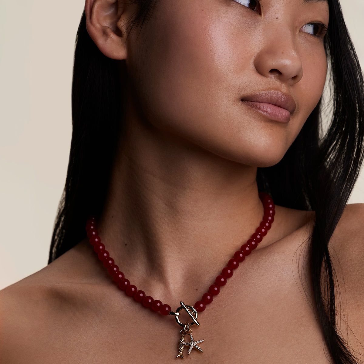 Sunset Red Beaded Necklace in Gold-Astrid & Miyu