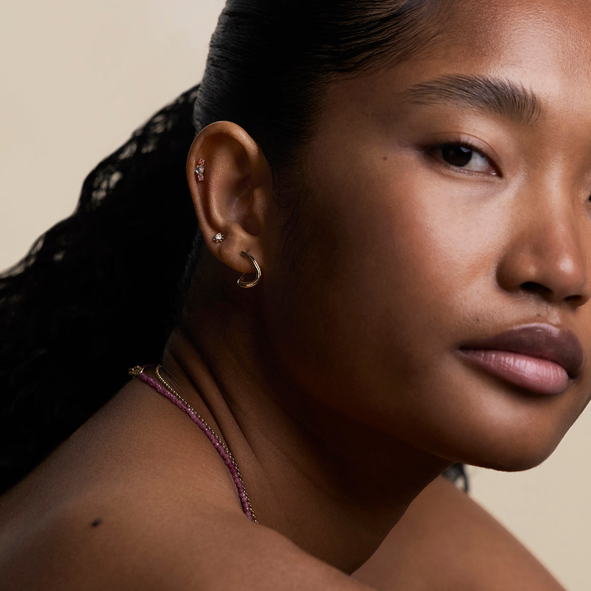 Moonstone Beaded Piercing Stud in Solid Gold-Astrid & Miyu
