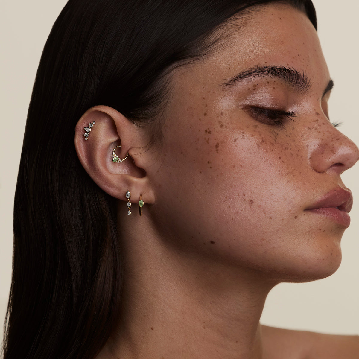 Diamond & Green Sapphire Pear Daith Hoop in Solid Gold-Astrid & Miyu