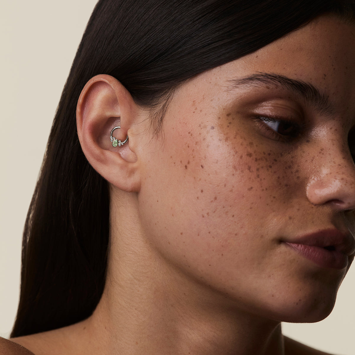 Diamond & Green Sapphire Pear Daith Hoop in Solid White Gold-Astrid & Miyu