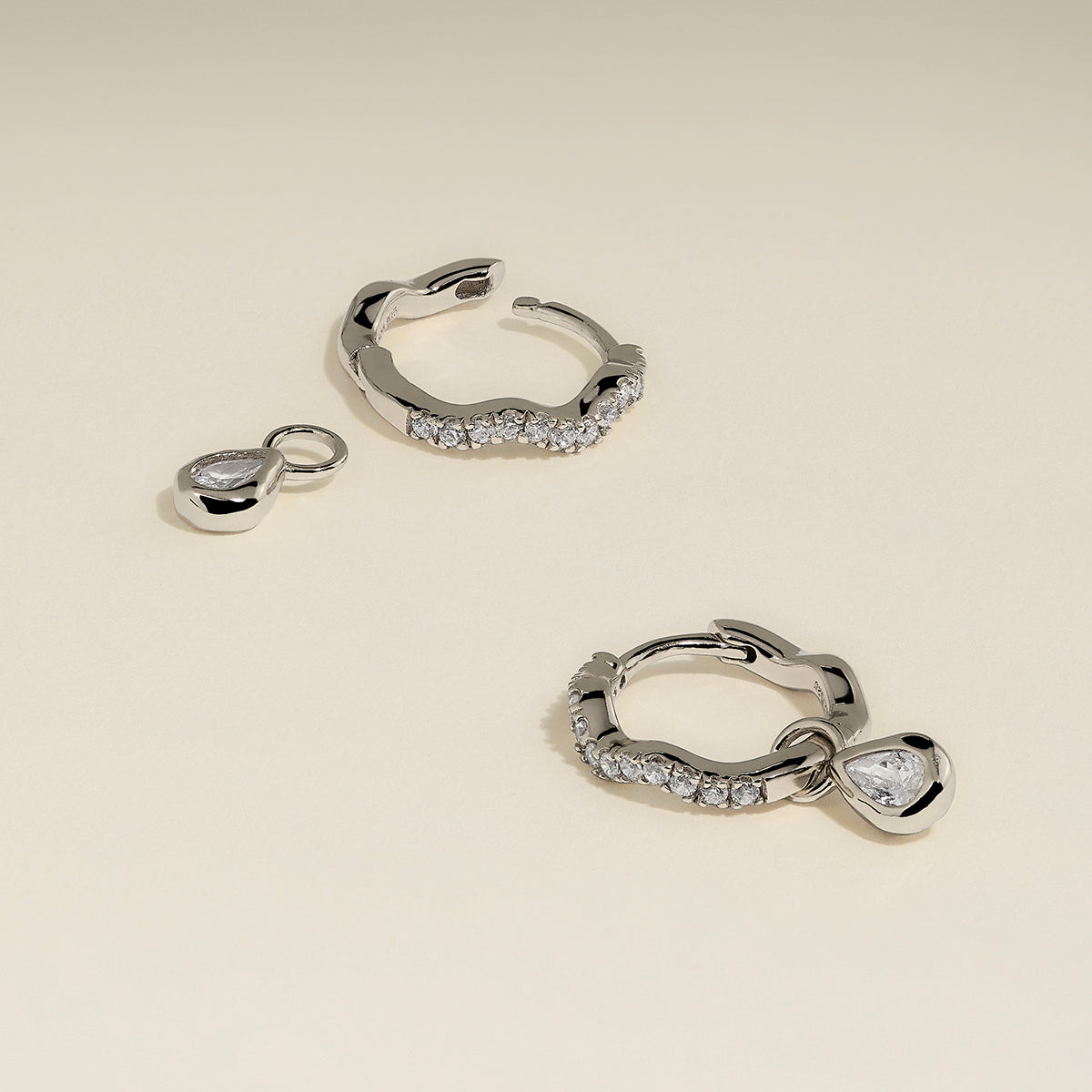 Scalloped Crystal Charm Huggies in Silver-Astrid & Miyu